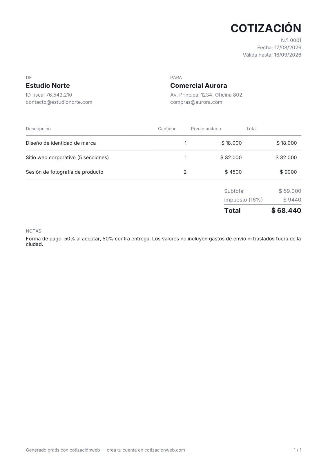 Ejemplo de cotización en PDF: formato con los datos de la empresa y del cliente, número, fecha y vigencia, el detalle con cantidad y precio, el total con impuesto y las condiciones de pago