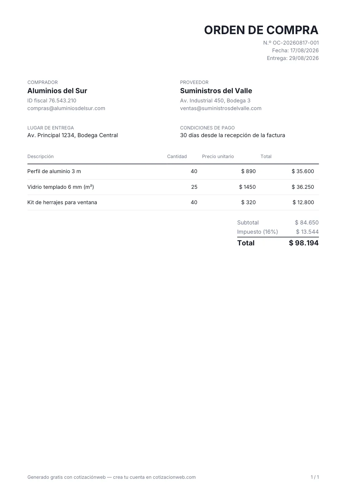 Ejemplo de orden de compra en PDF: formato con comprador y proveedor, número y fecha, las líneas de compra con cantidad y precio, el total con impuesto, el lugar de entrega y las condiciones de pago