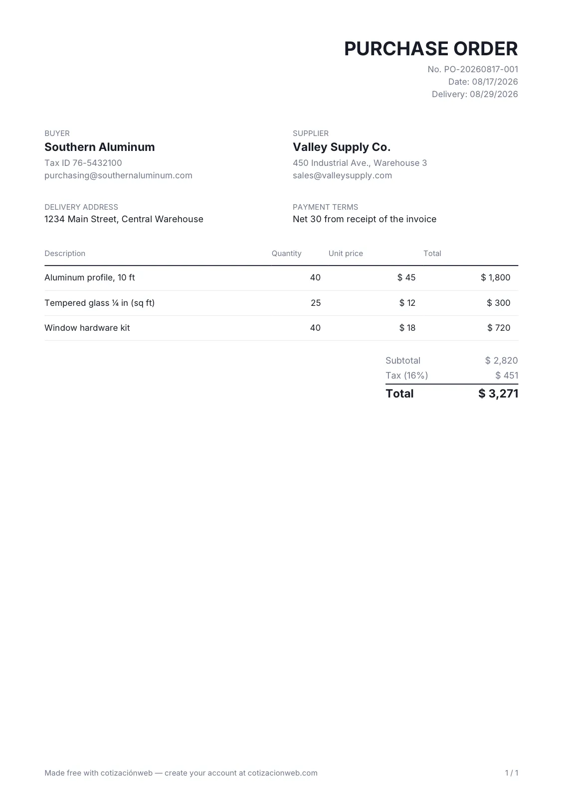 Example of a purchase order as a PDF: a template with buyer and supplier, number and date, the purchase lines with quantity and price, the total with tax, the delivery address and the payment terms