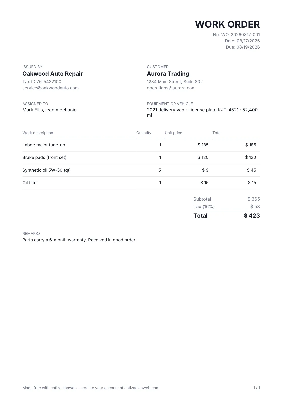 Example of a work order as a PDF: a template with the shop and customer details, the vehicle, the assignee, the labor and parts with their price, the total and the notes