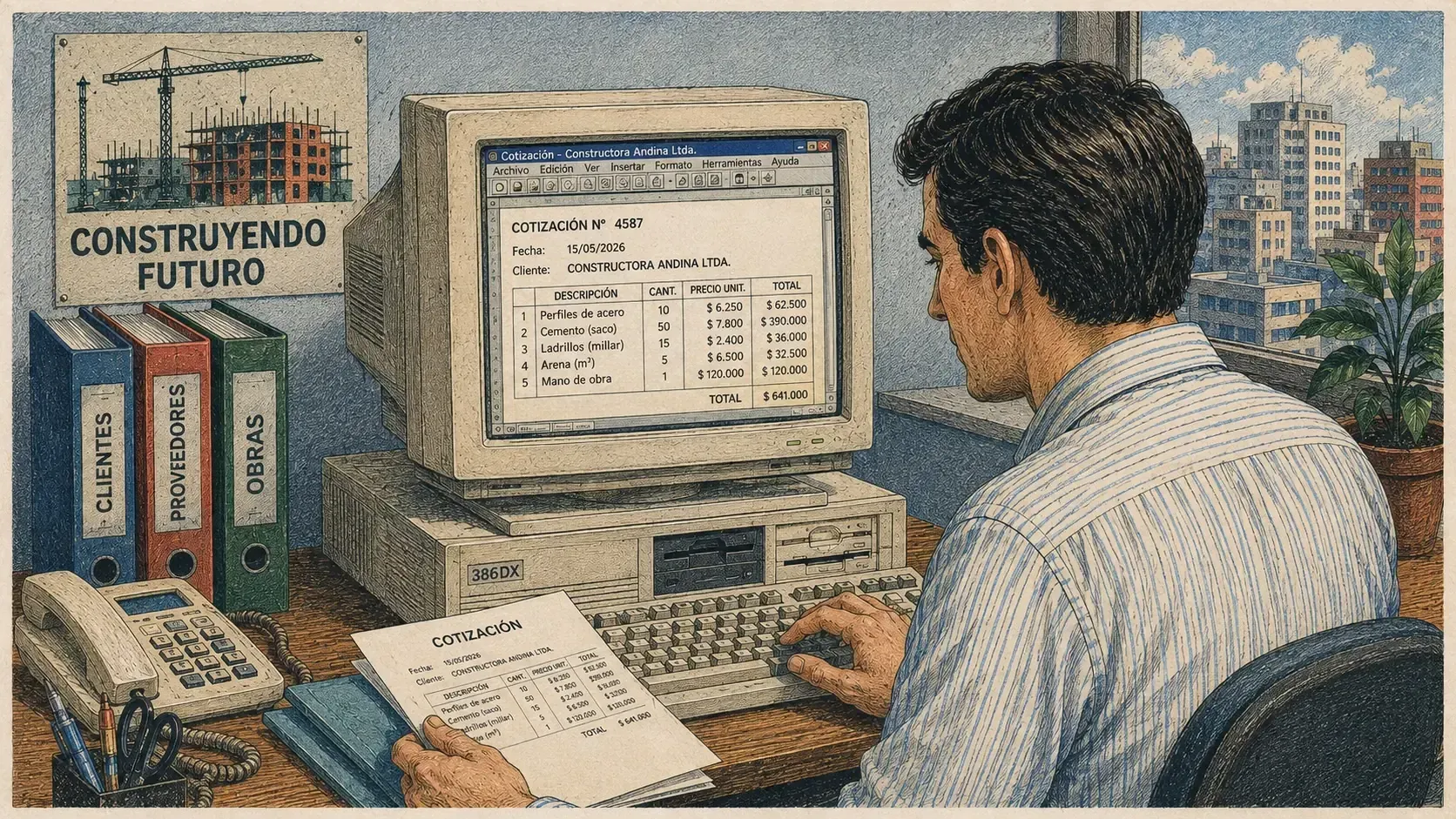 Ilustración de un hombre de espaldas escribiendo una cotización en un computador de escritorio antiguo, con la planilla en pantalla, la misma cotización impresa en sus manos y carpetas rotuladas «Clientes», «Proveedores» y «Obras» en el velador junto al escritorio.