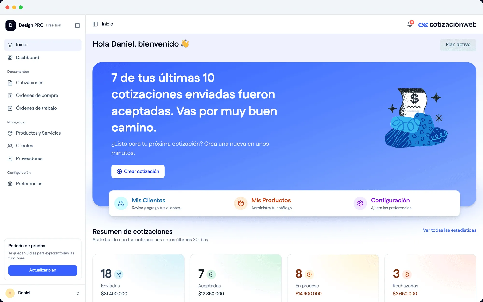 Pantalla de inicio de cotizaciónweb 3.0, con el resumen de cotizaciones enviadas, aceptadas, en proceso y rechazadas del mes.