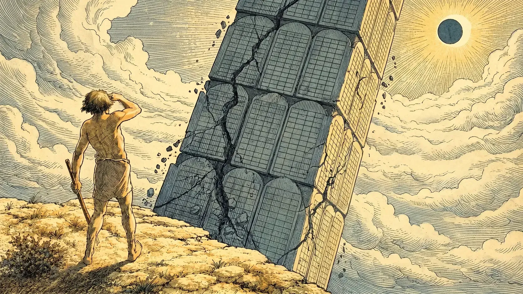 Ilustración de un hombre de espaldas mirando una torre de piedra inclinada y agrietada, con la superficie tallada como una grilla de celdas de planilla de cálculo, a punto de derrumbarse contra un cielo de nubes y un eclipse.